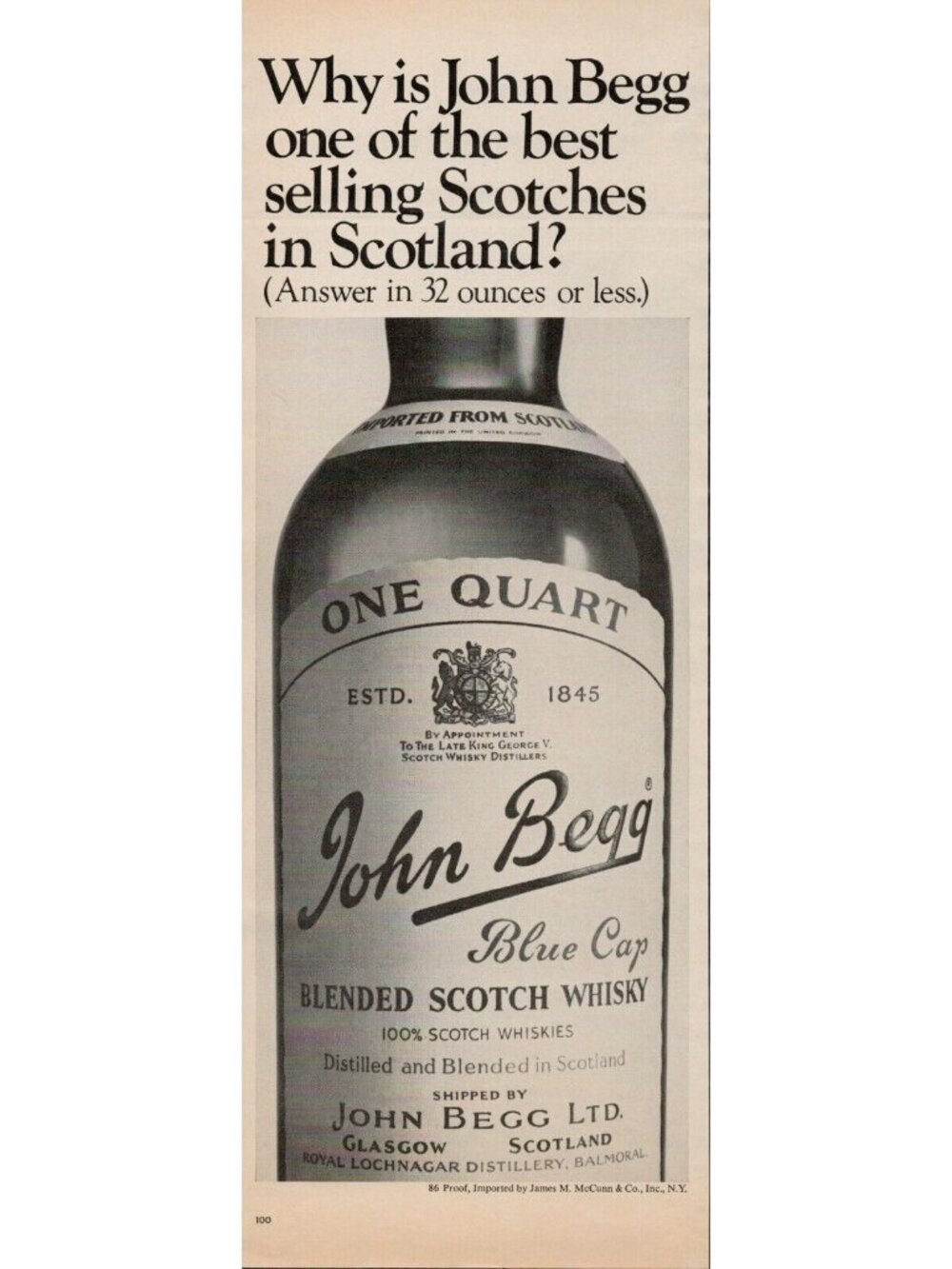 1968 John Begg Blue Cap Blended Scotch Whisky Vintage Print Ad (L2)